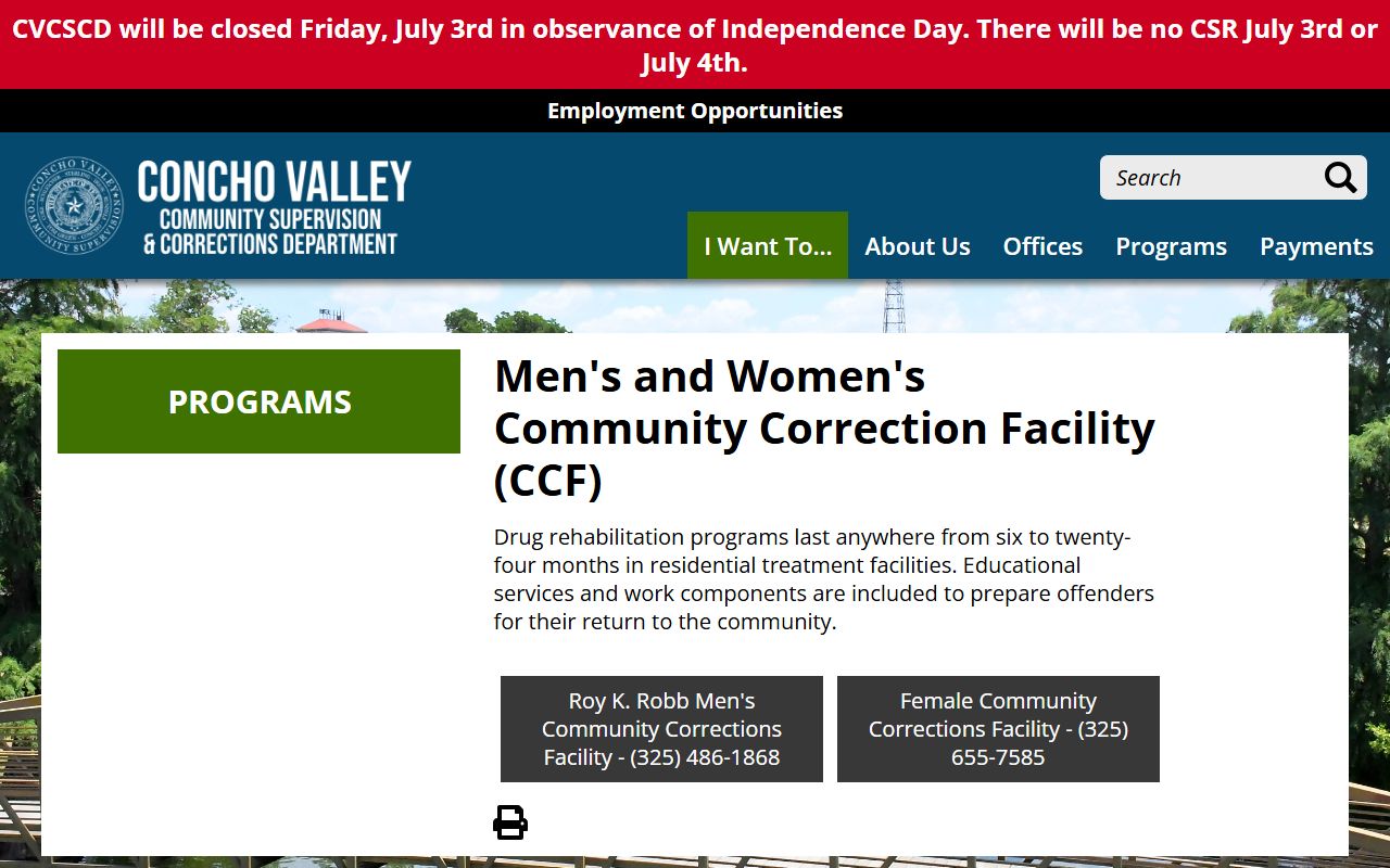 Concho Valley CSCD CCF program page describing residential drug rehabilitation for men's and women's community corrections