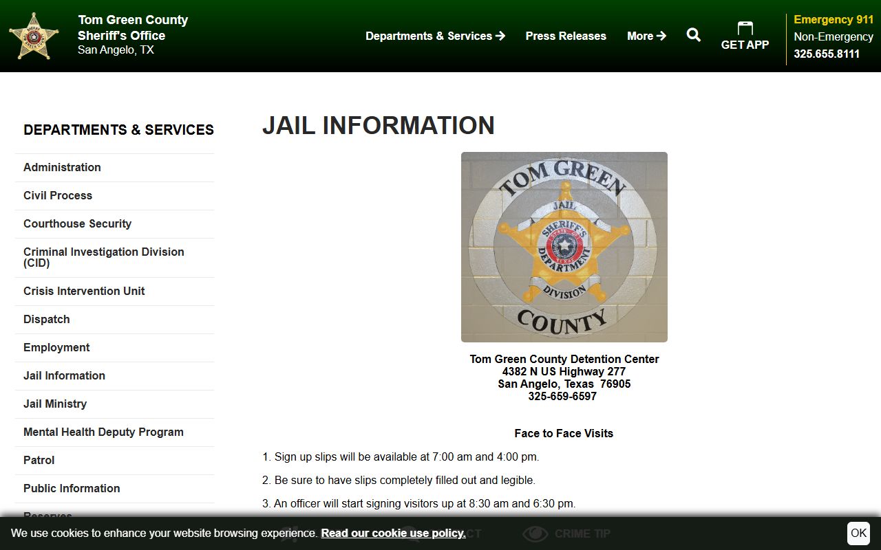 Tom Green County sheriff jail information page with jail address, visitation, mail, money, and phone details